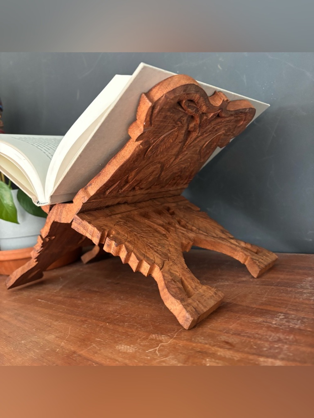 Carved Wood Expandable Book Stand Vintage Carved Elephant Book Holder Boho Decor